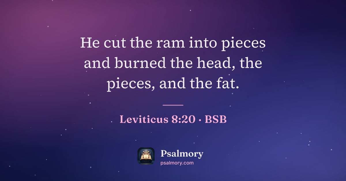 Leviticus 8:20 verse artwork: He cut the ram into pieces and burned the head, the pieces, and the fat.