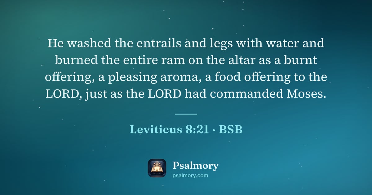 Leviticus 8:21 verse artwork: He washed the entrails and legs with water and burned the entire ram on the altar as a…