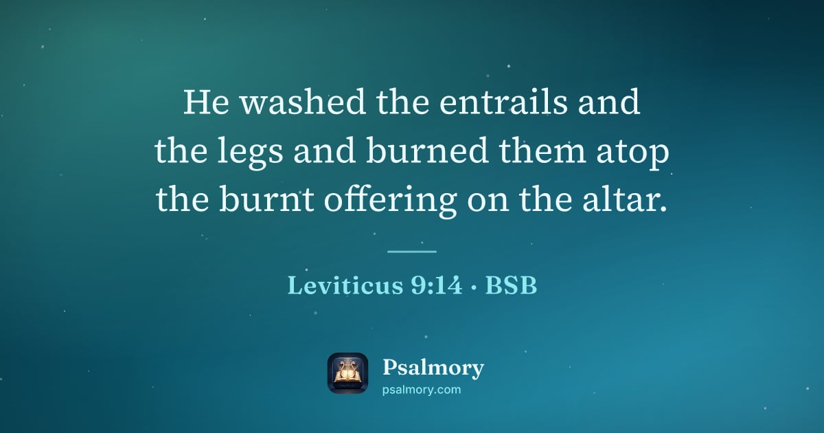 Leviticus 9:14 verse artwork: He washed the entrails and the legs and burned them atop the burnt offering on the altar.