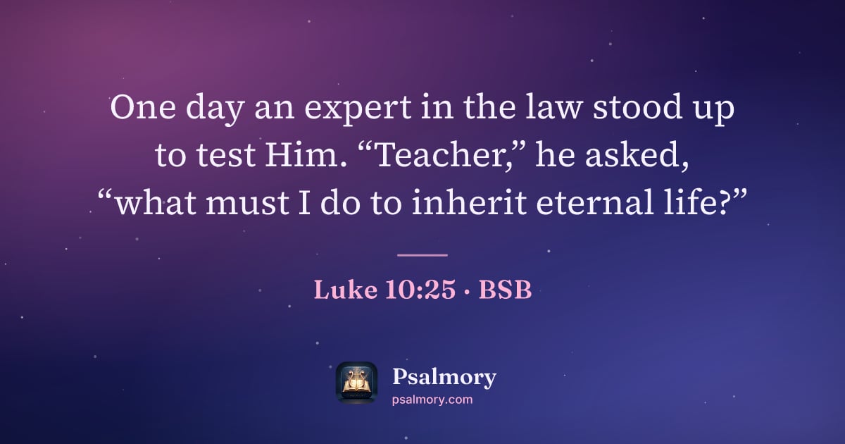 Luke 10:25 verse artwork: One day an expert in the law stood up to test Him. “Teacher,” he asked, “what must I do…