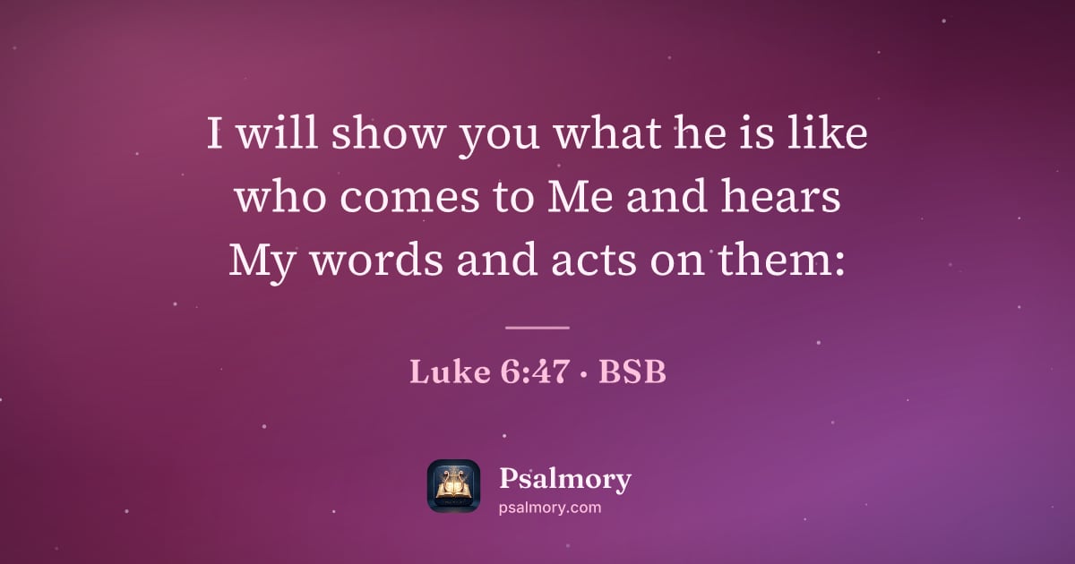 Luke 6:47 verse artwork: I will show you what he is like who comes to Me and hears My words and acts on them:
