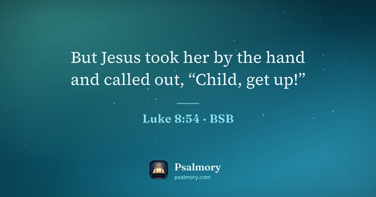 Luke 8:54 verse artwork: But Jesus took her by the hand and called out, “Child, get up!”