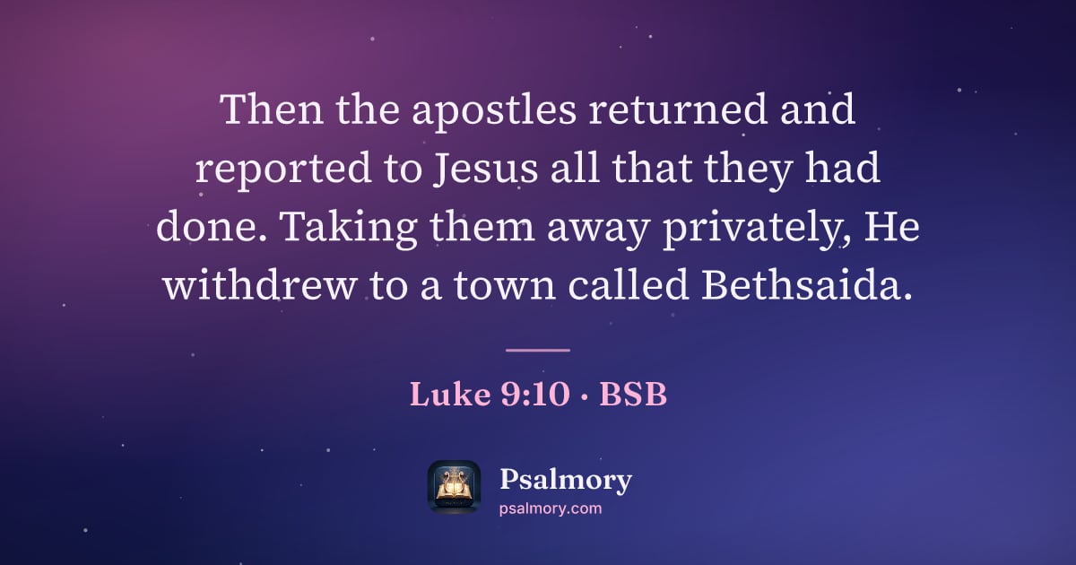 Luke 9:10 verse artwork: Then the apostles returned and reported to Jesus all that they had done. Taking them…