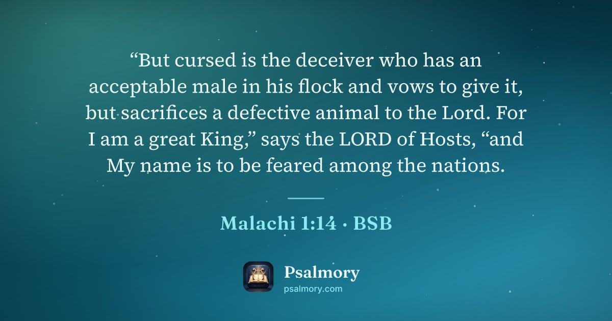 Malachi 1:14 verse artwork: “But cursed is the deceiver who has an acceptable male in his flock and vows to give it,…