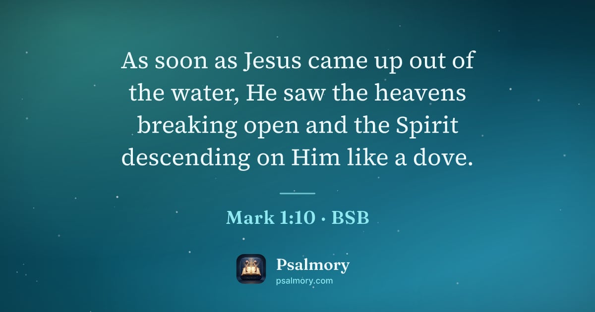 Mark 1:10 verse artwork: As soon as Jesus came up out of the water, He saw the heavens breaking open and the…