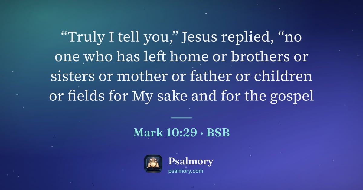 Mark 10:29 verse artwork: “Truly I tell you,” Jesus replied, “no one who has left home or brothers or sisters or…