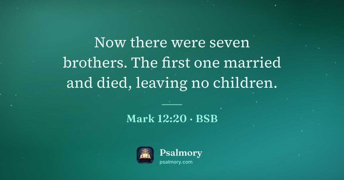 Mark 12:20 verse artwork: Now there were seven brothers. The first one married and died, leaving no children.