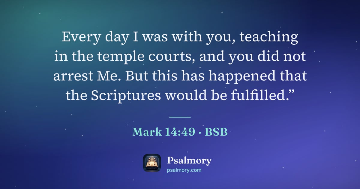 Mark 14:49 verse artwork: Every day I was with you, teaching in the temple courts, and you did not arrest Me. But…