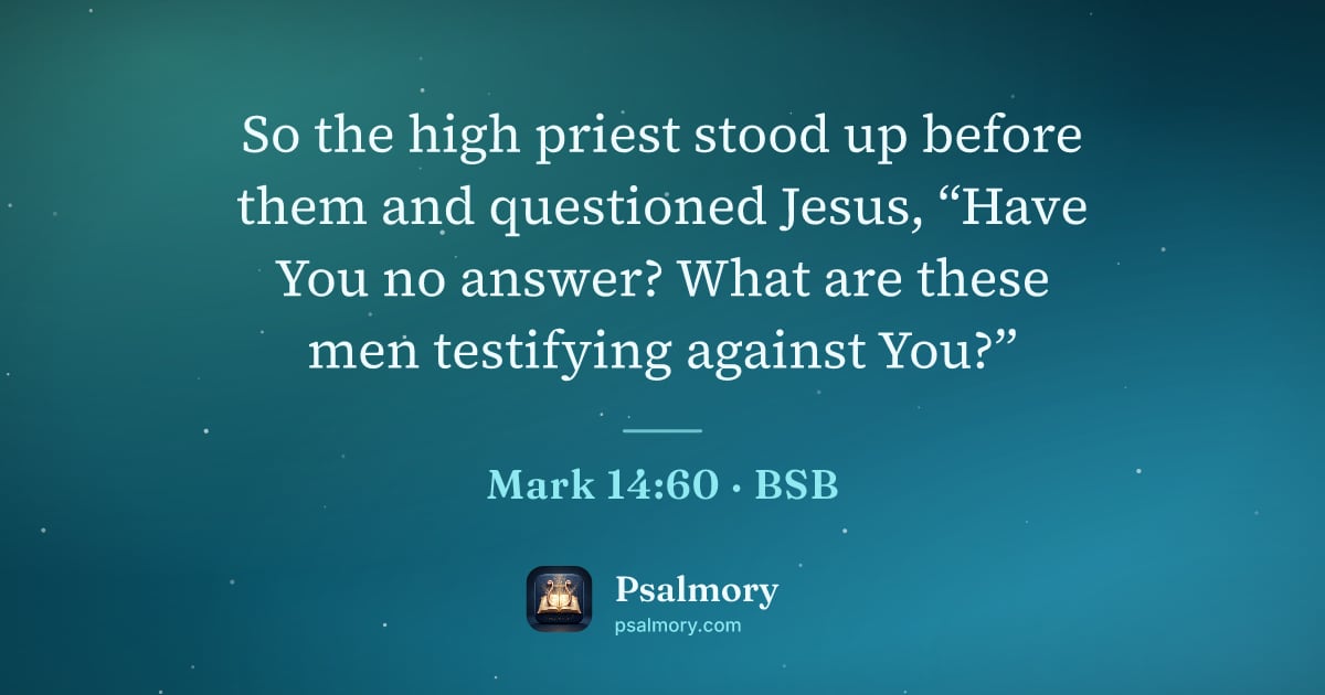 Mark 14:60 verse artwork: So the high priest stood up before them and questioned Jesus, “Have You no answer? What…