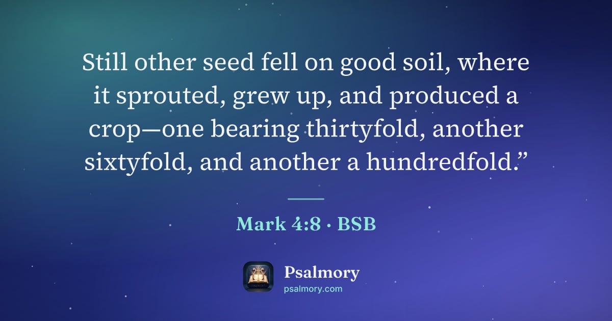 Mark 4:8 verse artwork: Still other seed fell on good soil, where it sprouted, grew up, and produced a crop—one…