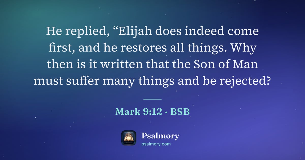 Mark 9:12 verse artwork: He replied, “Elijah does indeed come first, and he restores all things. Why then is it…