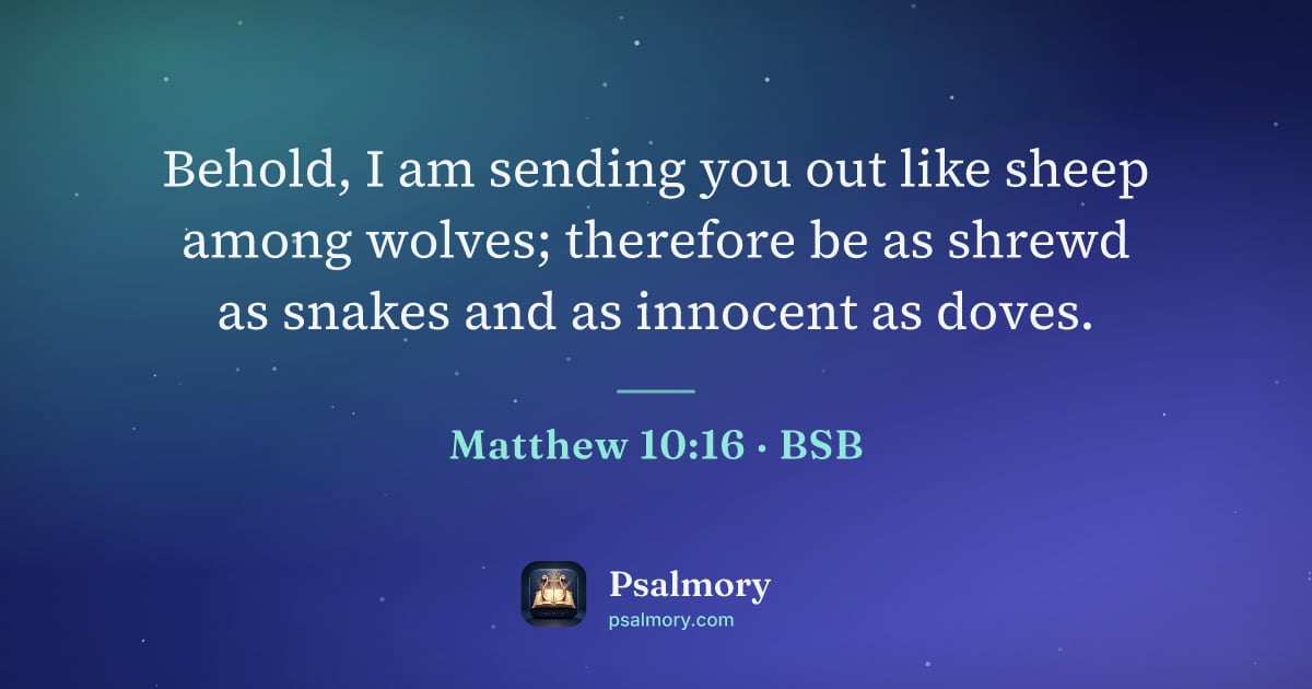 Matthew 10:16 verse artwork: Behold, I am sending you out like sheep among wolves; therefore be as shrewd as snakes…