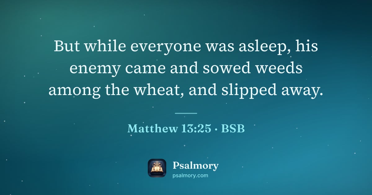 Matthew 13:25 verse artwork: But while everyone was asleep, his enemy came and sowed weeds among the wheat, and…