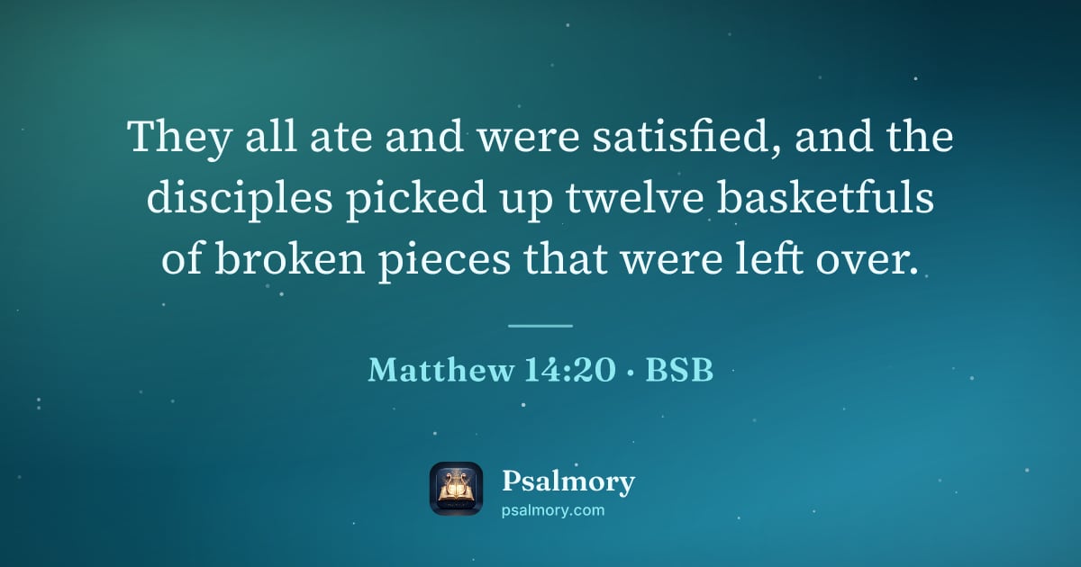 Matthew 14:20 verse artwork: They all ate and were satisfied, and the disciples picked up twelve basketfuls of broken…