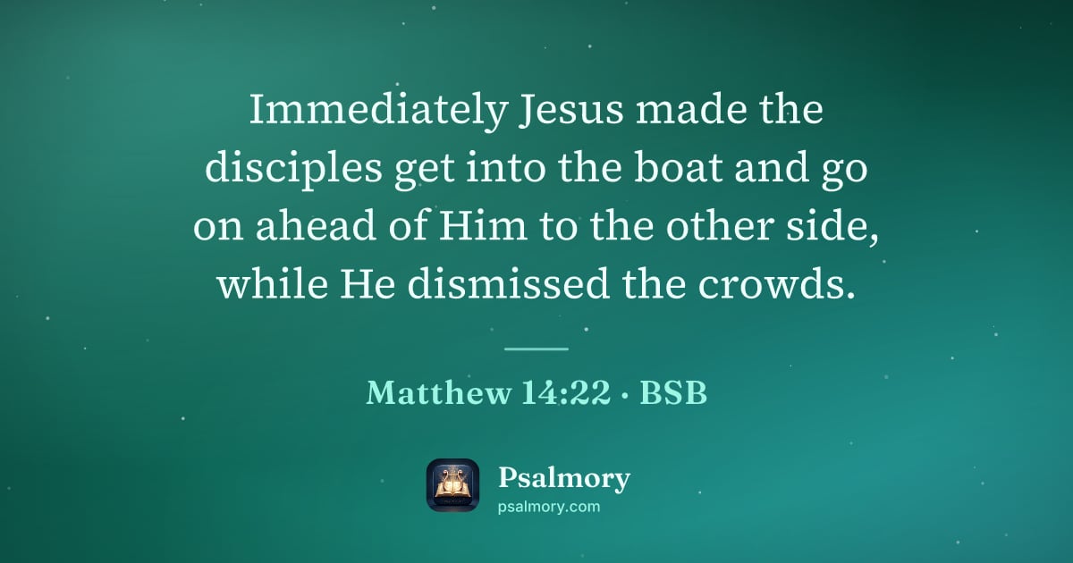 Matthew 14:22 verse artwork: Immediately Jesus made the disciples get into the boat and go on ahead of Him to the…