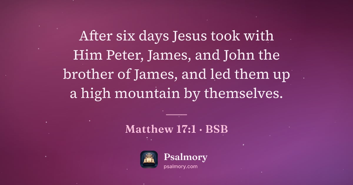 Matthew 17:1 verse artwork: After six days Jesus took with Him Peter, James, and John the brother of James, and led…