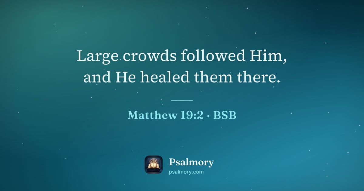 Matthew 19:2 verse artwork: Large crowds followed Him, and He healed them there.