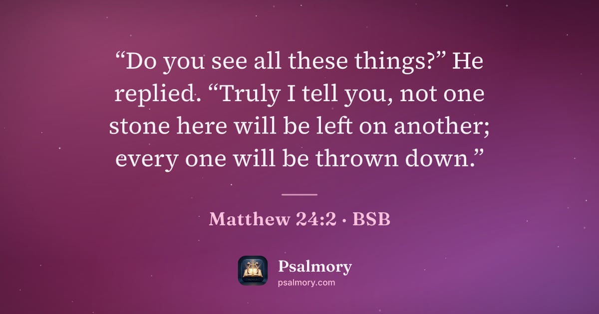 Matthew 24:2 verse artwork: “Do you see all these things?” He replied. “Truly I tell you, not one stone here will be…