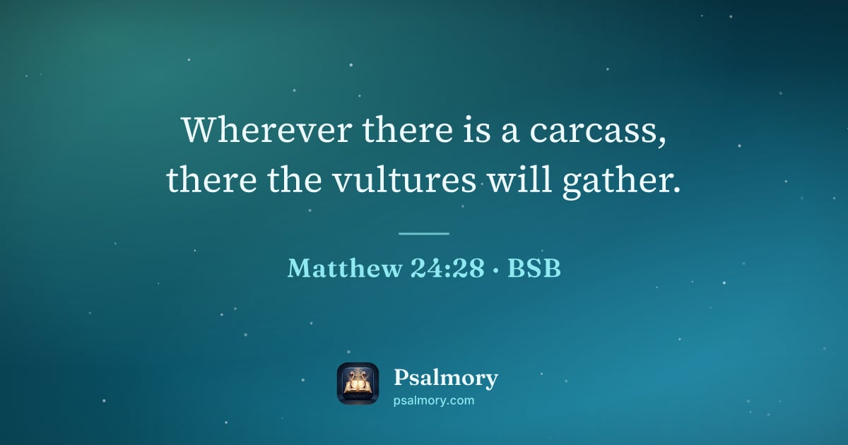 Matthew 24:28 verse artwork: Wherever there is a carcass, there the vultures will gather.