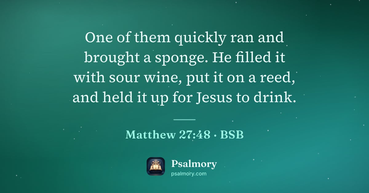 Matthew 27:48 verse artwork: One of them quickly ran and brought a sponge. He filled it with sour wine, put it on a…