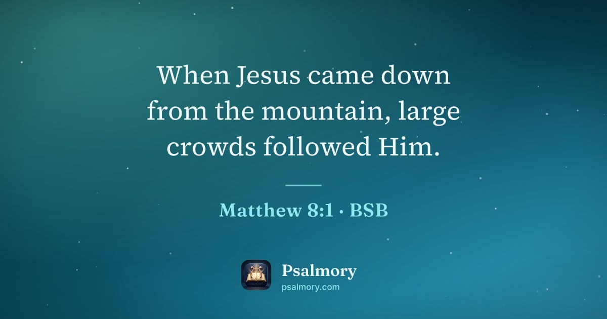 Matthew 8:1 verse artwork: When Jesus came down from the mountain, large crowds followed Him.