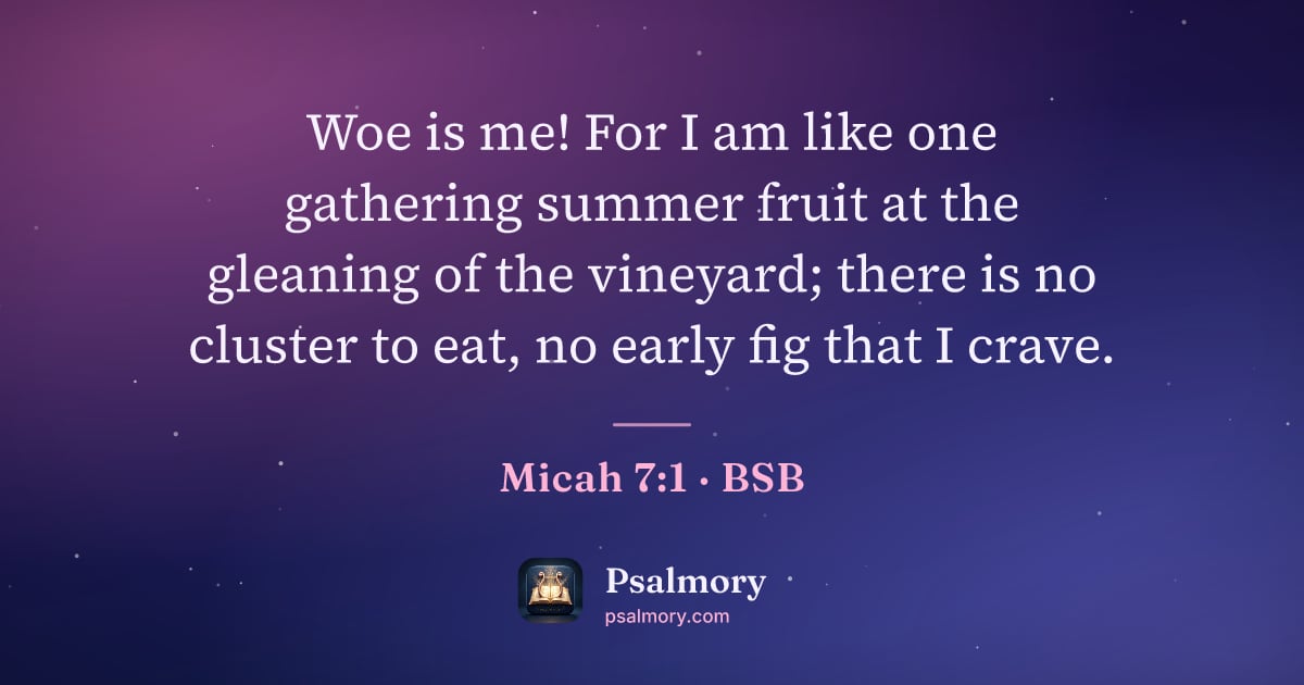 Micah 7:1 verse artwork: Woe is me! For I am like one gathering summer fruit at the gleaning of the vineyard;…