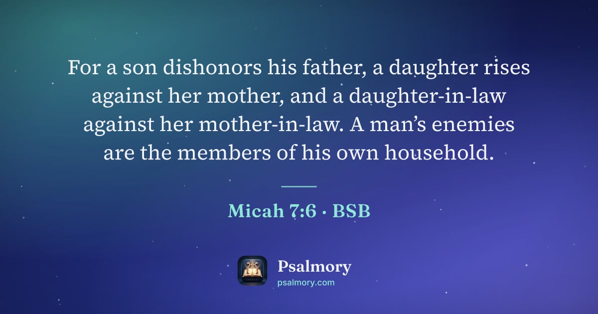 Micah 7:6 verse artwork: For a son dishonors his father, a daughter rises against her mother, and a…