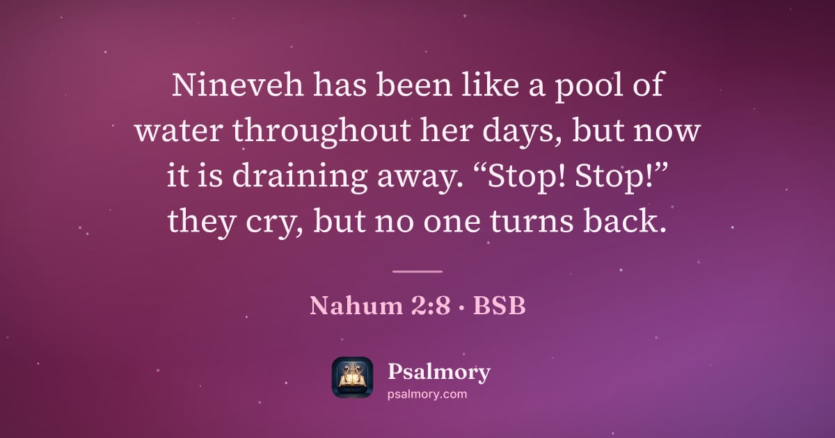 Nahum 2:8 verse artwork: Nineveh has been like a pool of water throughout her days, but now it is draining away.…