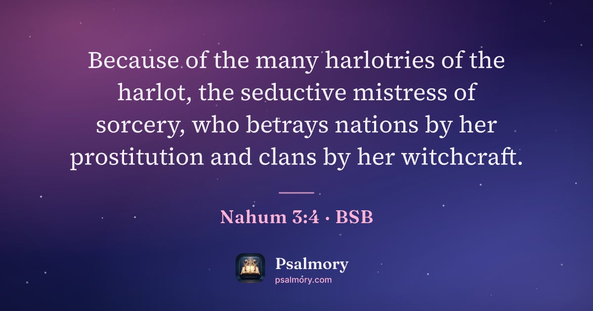 Nahum 3:4 verse artwork: Because of the many harlotries of the harlot, the seductive mistress of sorcery, who…