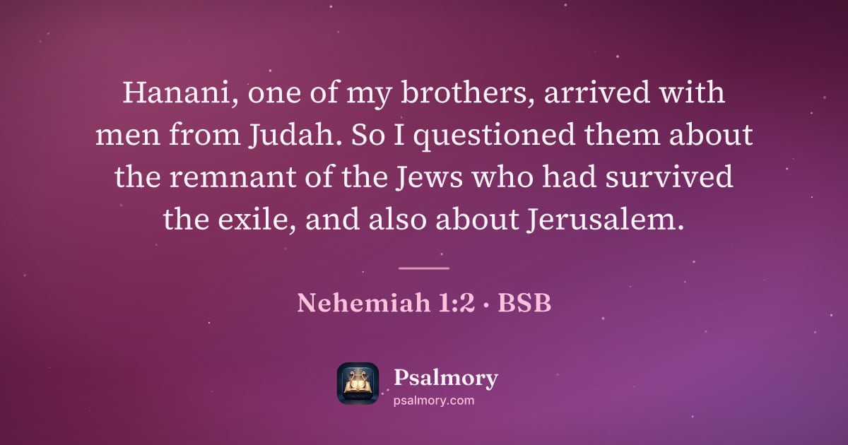 Nehemiah 1:2 verse artwork: Hanani, one of my brothers, arrived with men from Judah. So I questioned them about the…