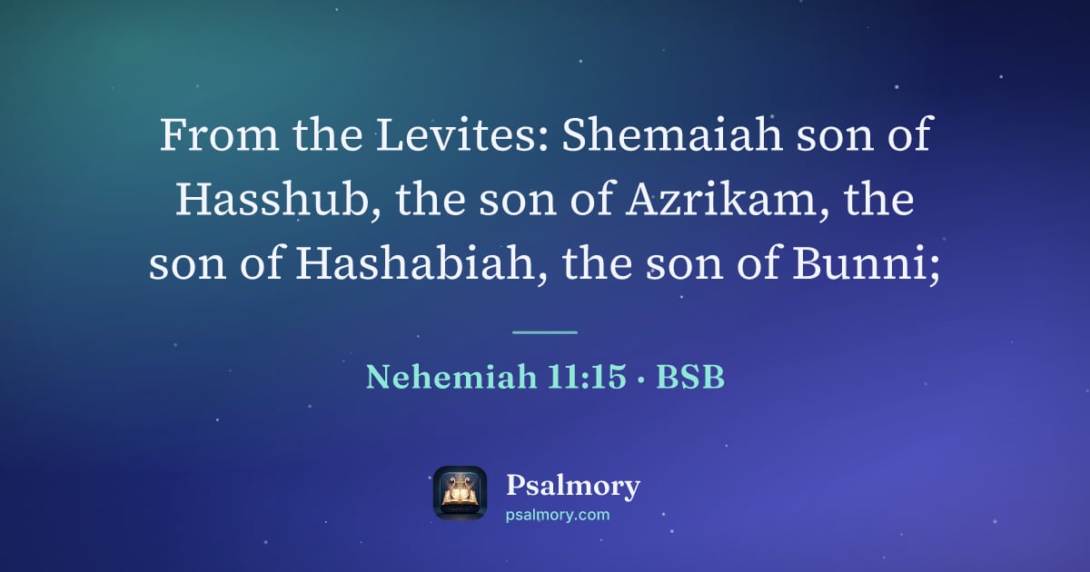 Nehemiah 11:15 verse artwork: From the Levites: Shemaiah son of Hasshub, the son of Azrikam, the son of Hashabiah, the…