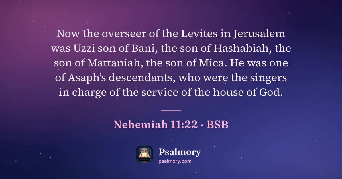 Nehemiah 11:22 verse artwork: Now the overseer of the Levites in Jerusalem was Uzzi son of Bani, the son of Hashabiah,…