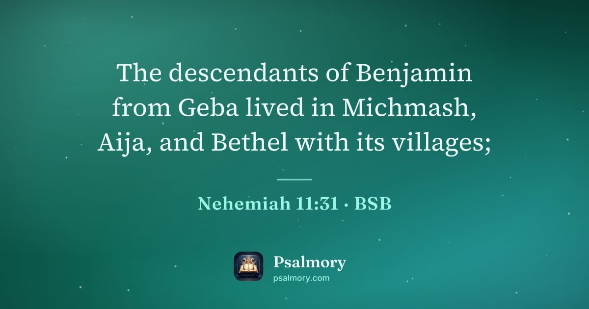 Nehemiah 11:31 verse artwork: The descendants of Benjamin from Geba lived in Michmash, Aija, and Bethel with its…