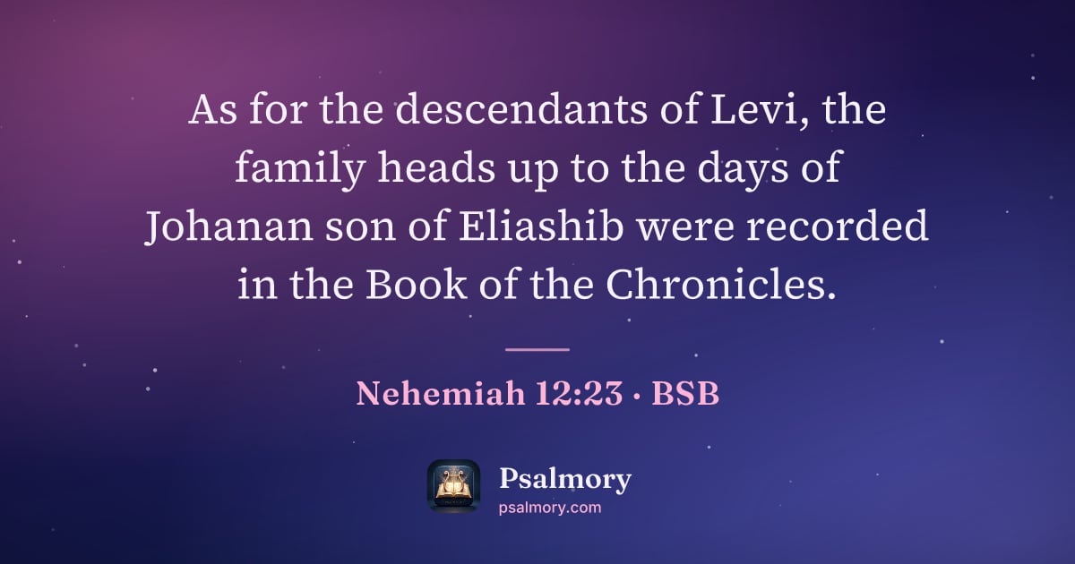 Nehemiah 12:23 verse artwork: As for the descendants of Levi, the family heads up to the days of Johanan son of…