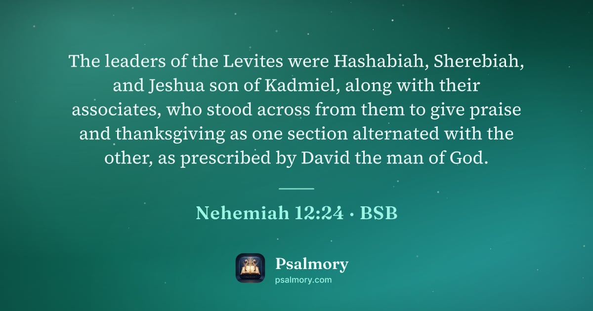 Nehemiah 12:24 verse artwork: The leaders of the Levites were Hashabiah, Sherebiah, and Jeshua son of Kadmiel, along…