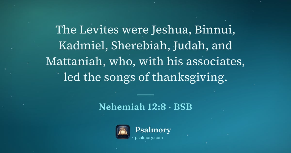 Nehemiah 12:8 verse artwork: The Levites were Jeshua, Binnui, Kadmiel, Sherebiah, Judah, and Mattaniah, who, with his…