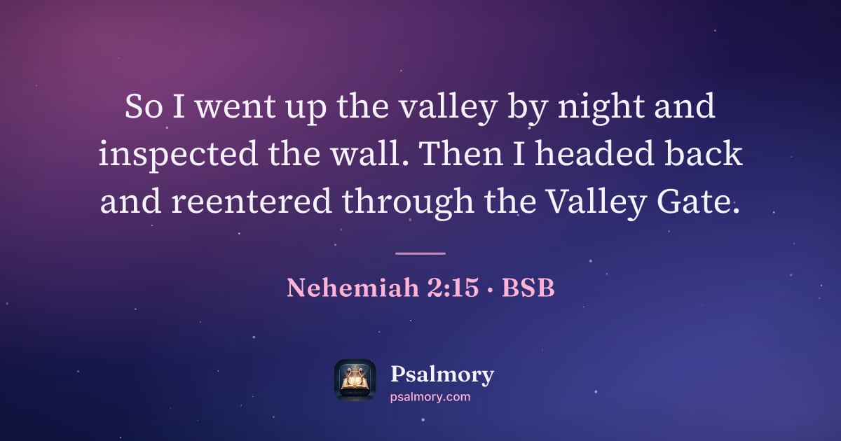 Nehemiah 2:15 verse artwork: So I went up the valley by night and inspected the wall. Then I headed back and…
