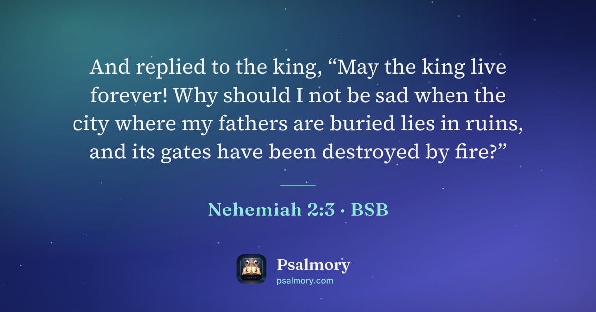 Nehemiah 2:3 verse artwork: And replied to the king, “May the king live forever! Why should I not be sad when the…