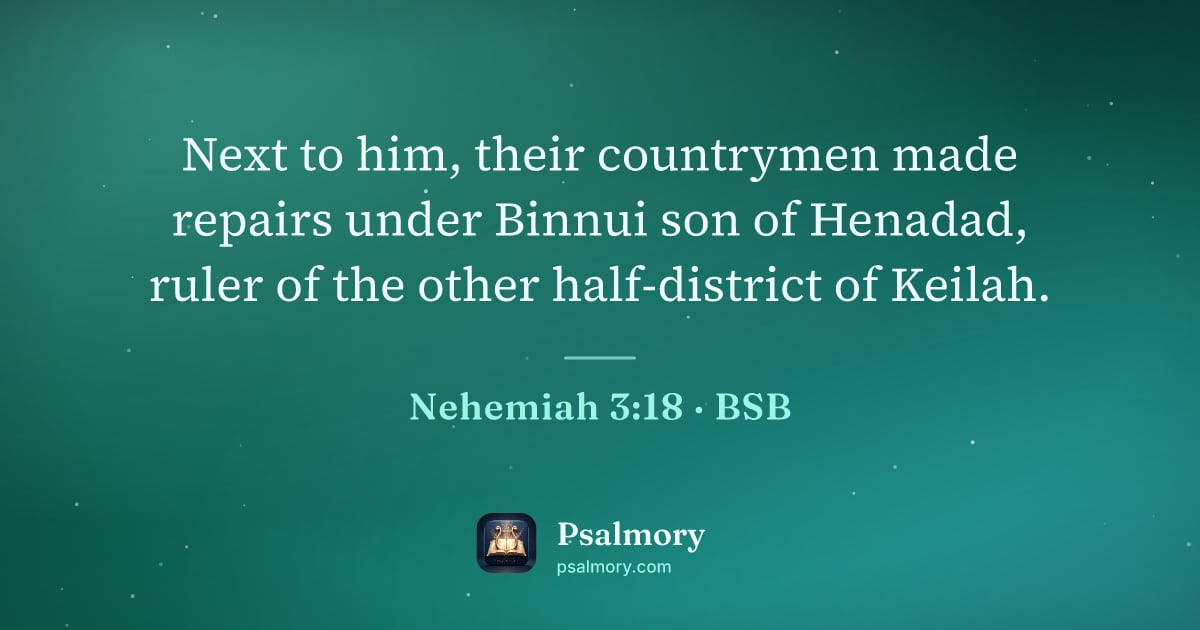 Nehemiah 3:18 verse artwork: Next to him, their countrymen made repairs under Binnui son of Henadad, ruler of the…