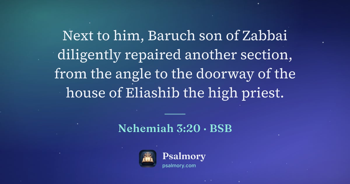 Nehemiah 3:20 verse artwork: Next to him, Baruch son of Zabbai diligently repaired another section, from the angle to…