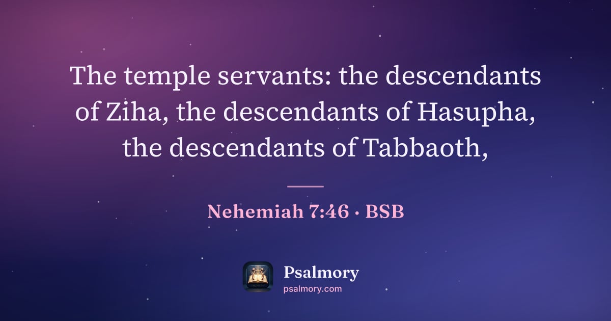 Nehemiah 7:46 verse artwork: The temple servants: the descendants of Ziha, the descendants of Hasupha, the…