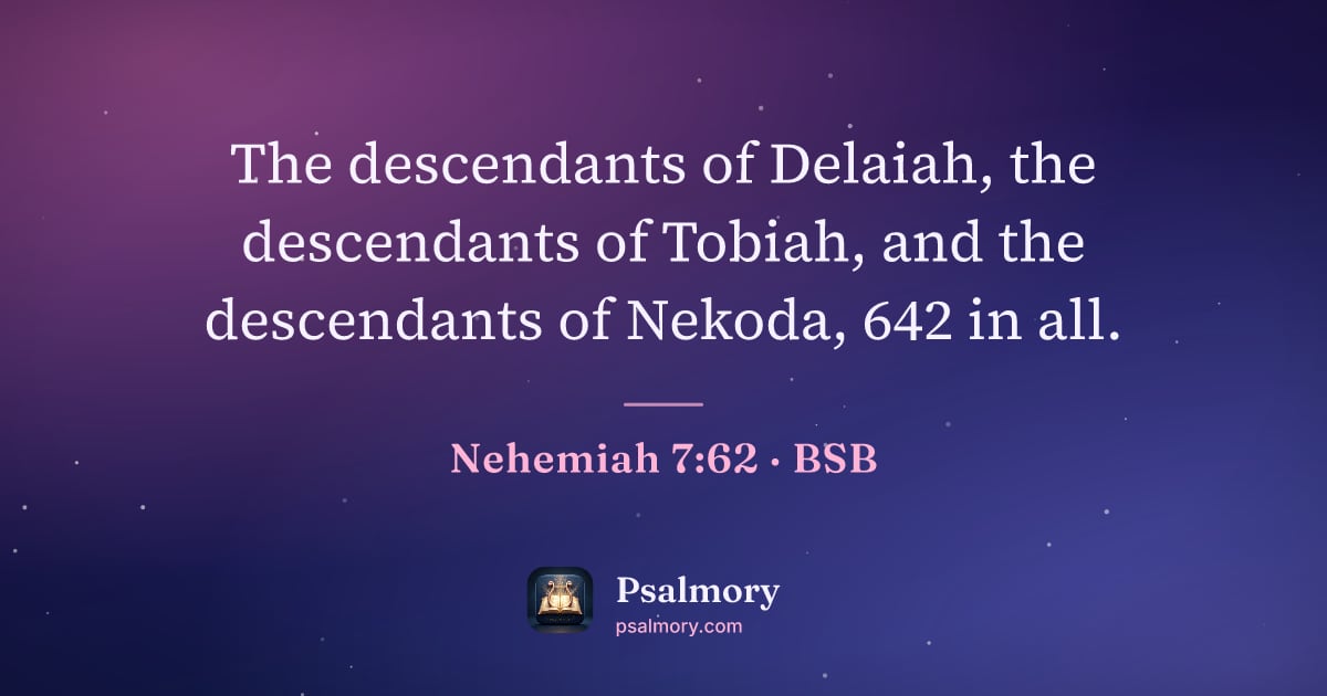 Nehemiah 7:62 verse artwork: The descendants of Delaiah, the descendants of Tobiah, and the descendants of Nekoda,…