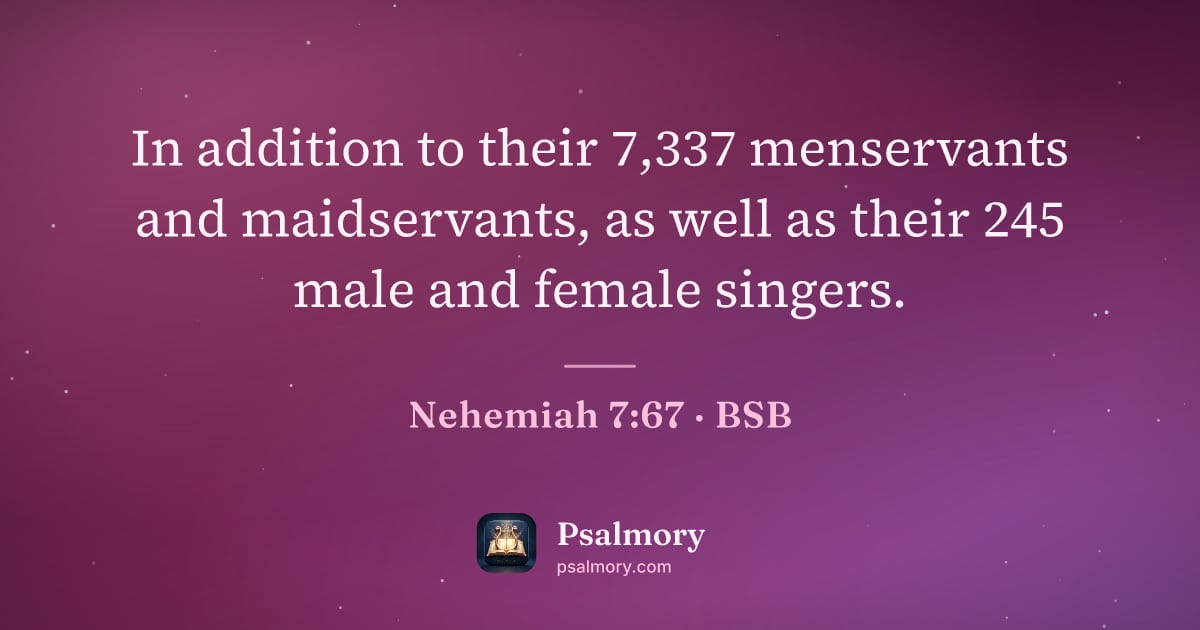 Nehemiah 7:67 verse artwork: In addition to their 7,337 menservants and maidservants, as well as their 245 male and…