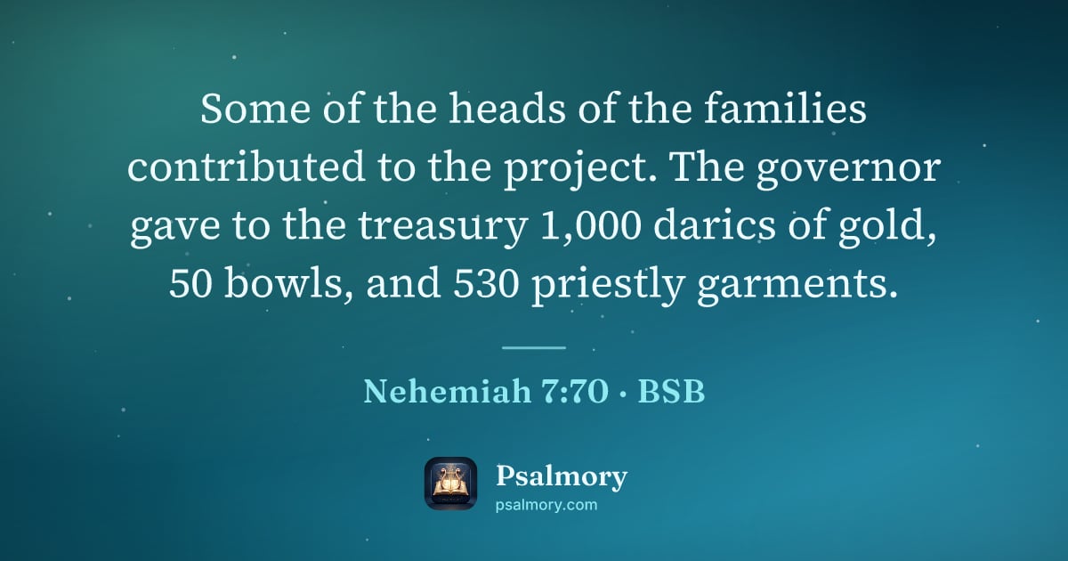 Nehemiah 7:70 verse artwork: Some of the heads of the families contributed to the project. The governor gave to the…