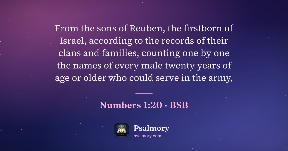 Numbers 1:20 verse artwork: From the sons of Reuben, the firstborn of Israel, according to the records of their…