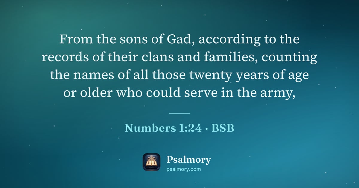 Numbers 1:24 verse artwork: From the sons of Gad, according to the records of their clans and families, counting the…