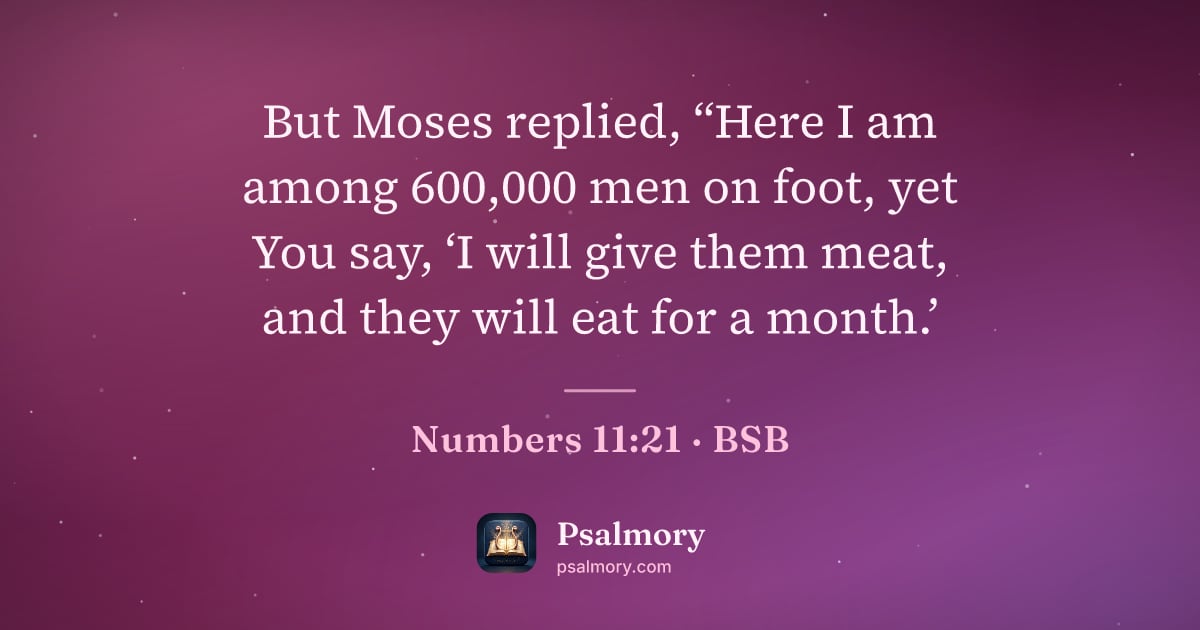Numbers 11:21 verse artwork: But Moses replied, “Here I am among 600,000 men on foot, yet You say, ‘I will give them…