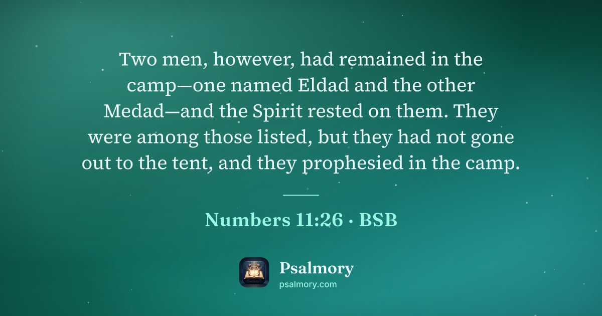 Numbers 11:26 verse artwork: Two men, however, had remained in the camp—one named Eldad and the other Medad—and the…