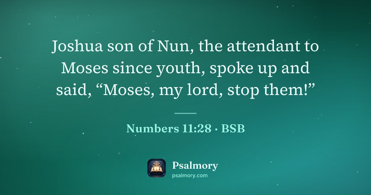 Numbers 11:28 verse artwork: Joshua son of Nun, the attendant to Moses since youth, spoke up and said, “Moses, my…