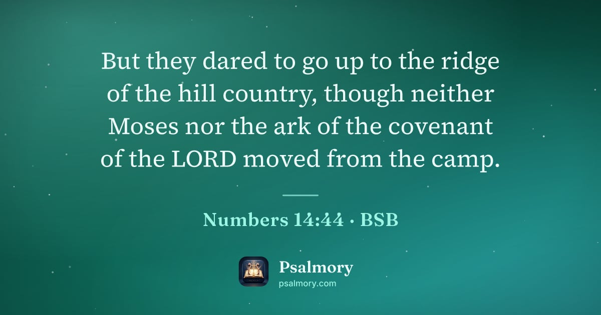 Numbers 14:44 verse artwork: But they dared to go up to the ridge of the hill country, though neither Moses nor the…